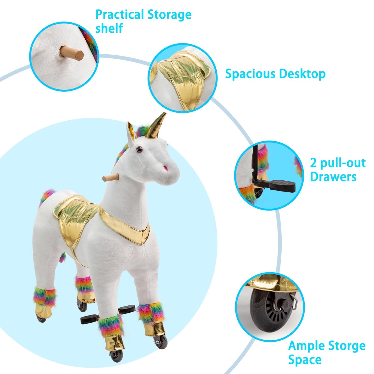 Pipleo Unicorn Ride-On Toy for Kids, Plush Mechanical Animal, Medium Size, Rainbow Color, No Battery, Max Load 165 LBS, Model 202