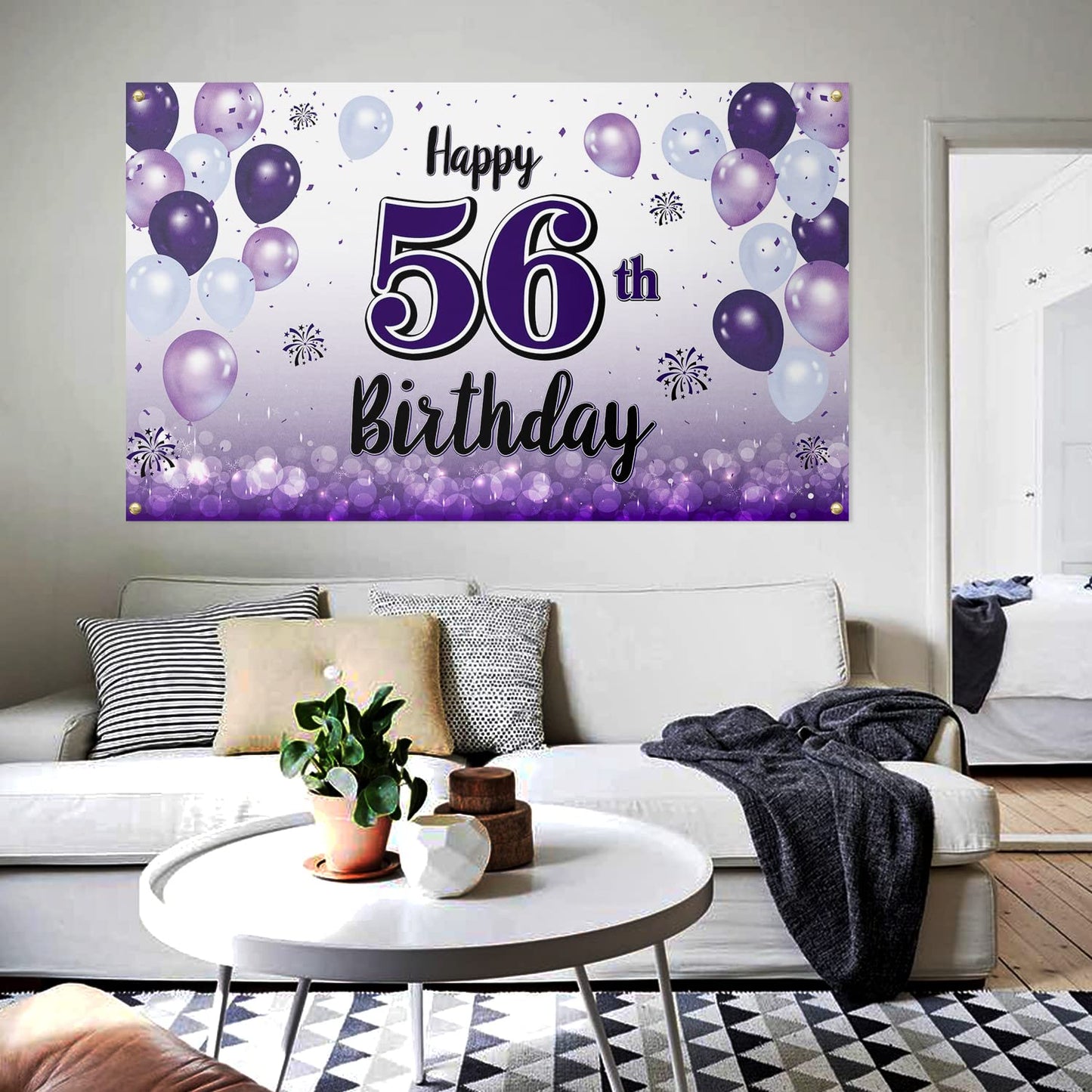 LASKYER Happy 56th Birthday Decorations,56th Purple Balloon Large Birthday Banner Backdrop Sign,56 Years Old Bday Party Supplies