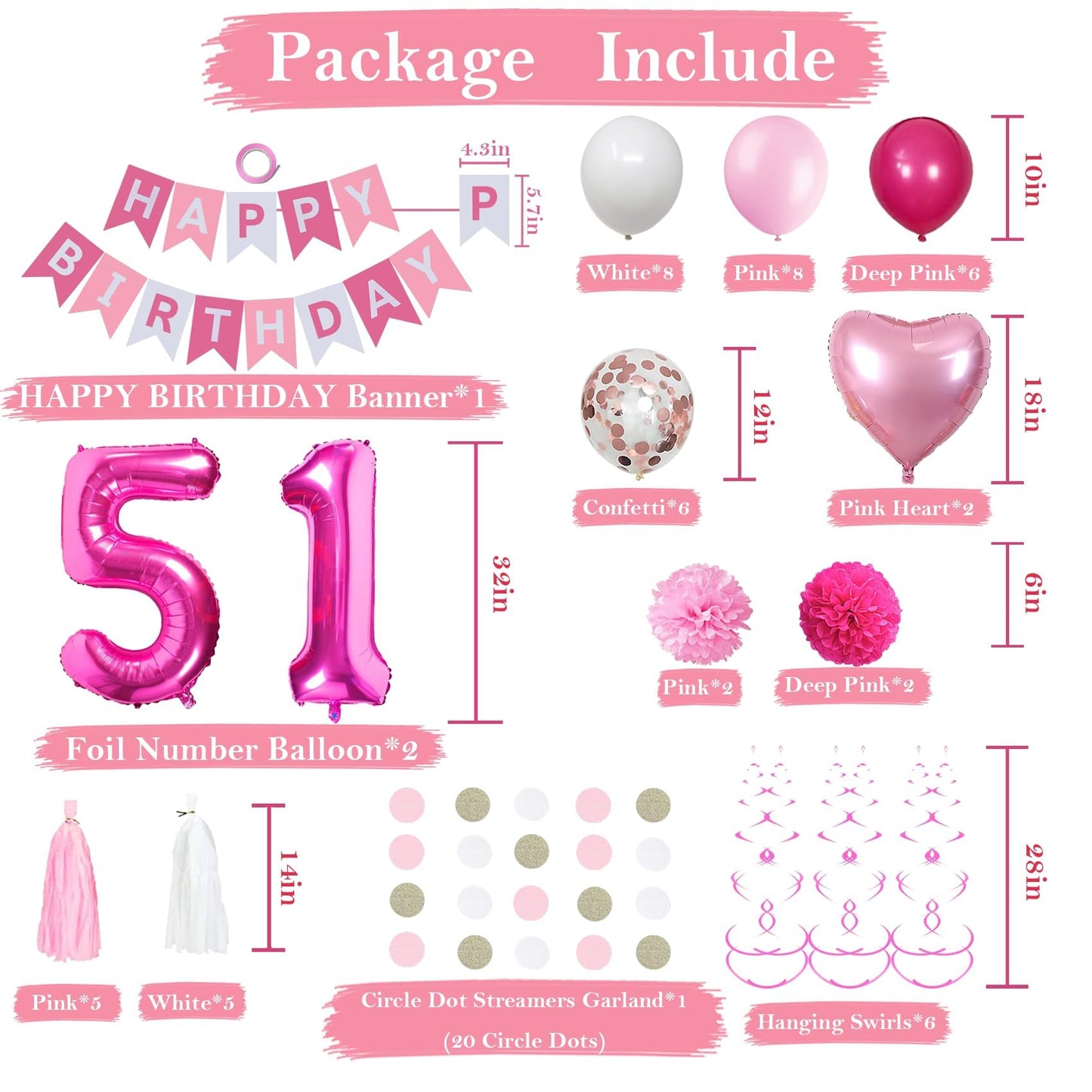 Sweet 51St Birthday Decorations For Women, Pink And White 51 Happy Birthday Balloons, 51St Birthday Party Supplies Including Pin