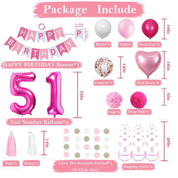 Sweet 51St Birthday Decorations For Women, Pink And White 51 Happy Birthday Balloons, 51St Birthday Party Supplies Including Pin