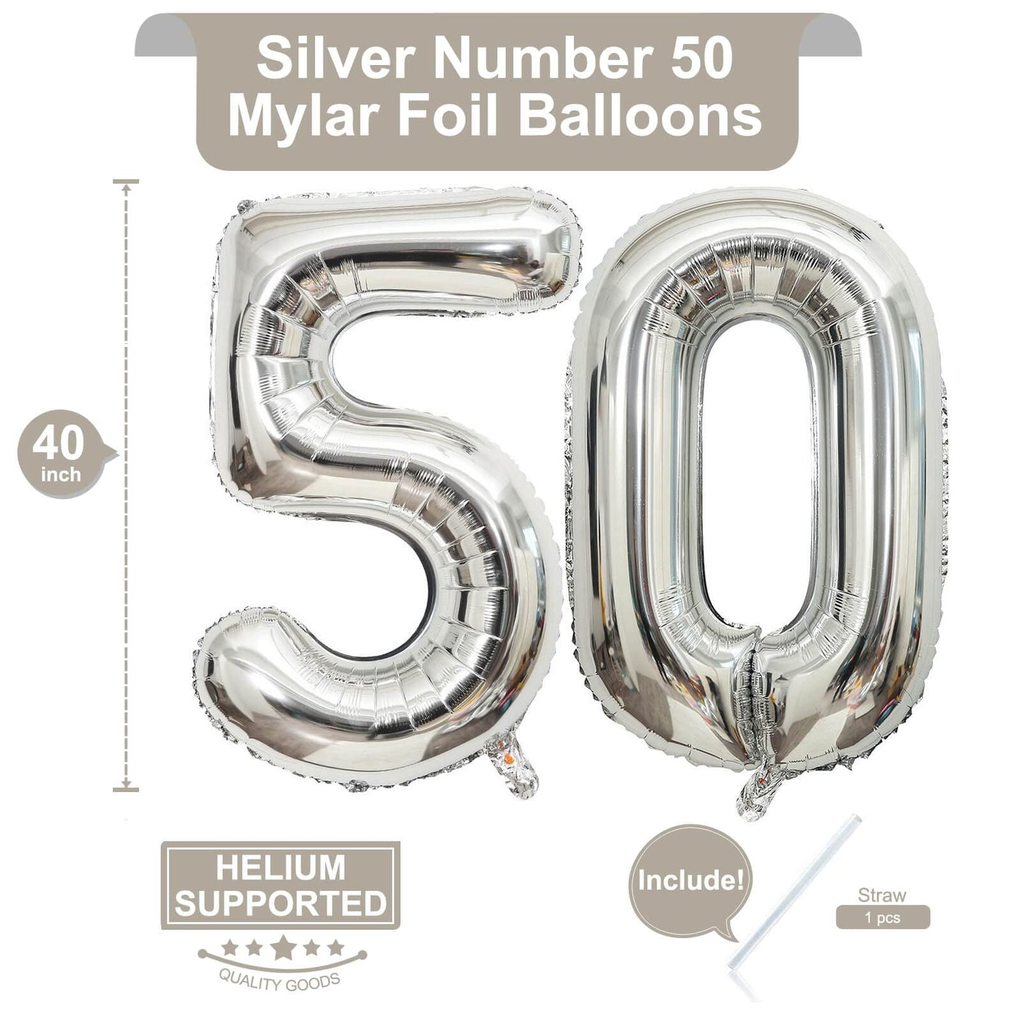 LHOAVWE 40 Inch Silver 50 Foil Mylar Balloons - Jumbo Digital 50th Birthday Party Decorations