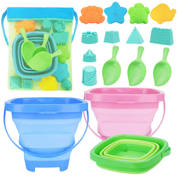 RACPNEL Collapsible Foldable Beach Sand Buckets and Shovels Set - Beach Toys for Kids with Mesh Bag & Sand Molds, Silicone Beach
