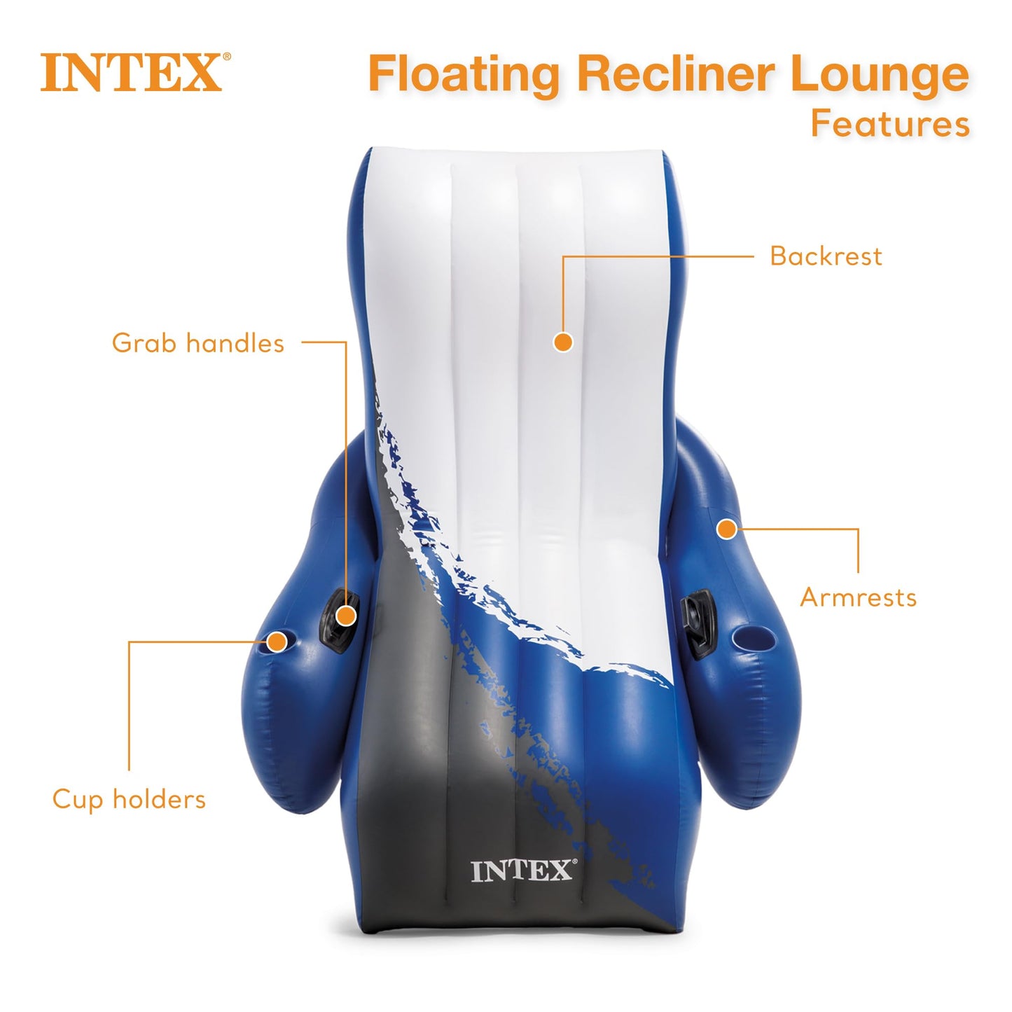 Intex Inflatable Lounge Pool Recliner Lounger Chair with Cup Holders - Heavy-Duty Float Raft for mature-themeds  220 Lb Capacity Large Floating Tanning Chair