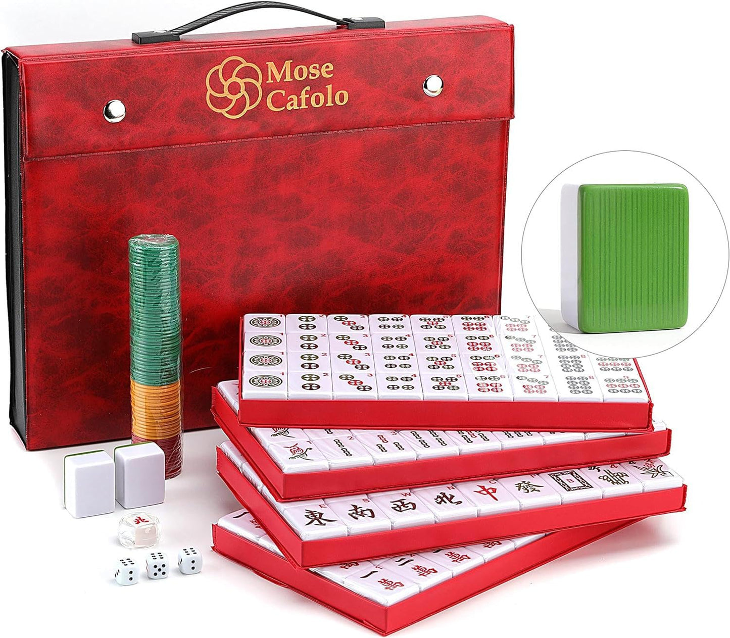 Mose Cafolo Professional Chinese Mahjong Game Set 146 Numbered Large Size Tiles With Carrying Travel Case, Complete Mahjong Tile