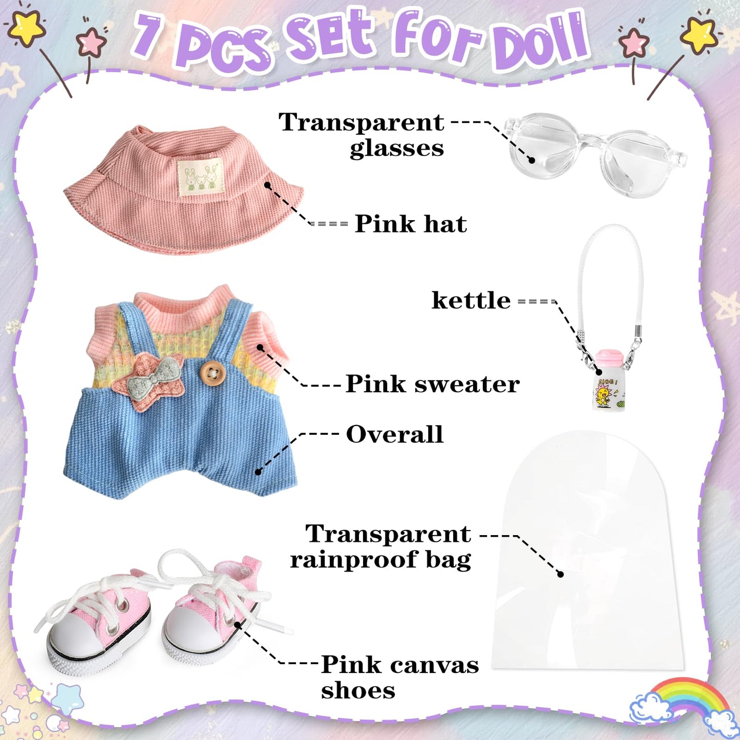 7 Pcs Clothes for Popular Dolls - 17cm - Pink Sweater + Overall + Pink Hat + Glasses + Shoes + Kettle + Rainproof Bag- enhanced Doll Outfit Accessories for Play & Display (No Doll)