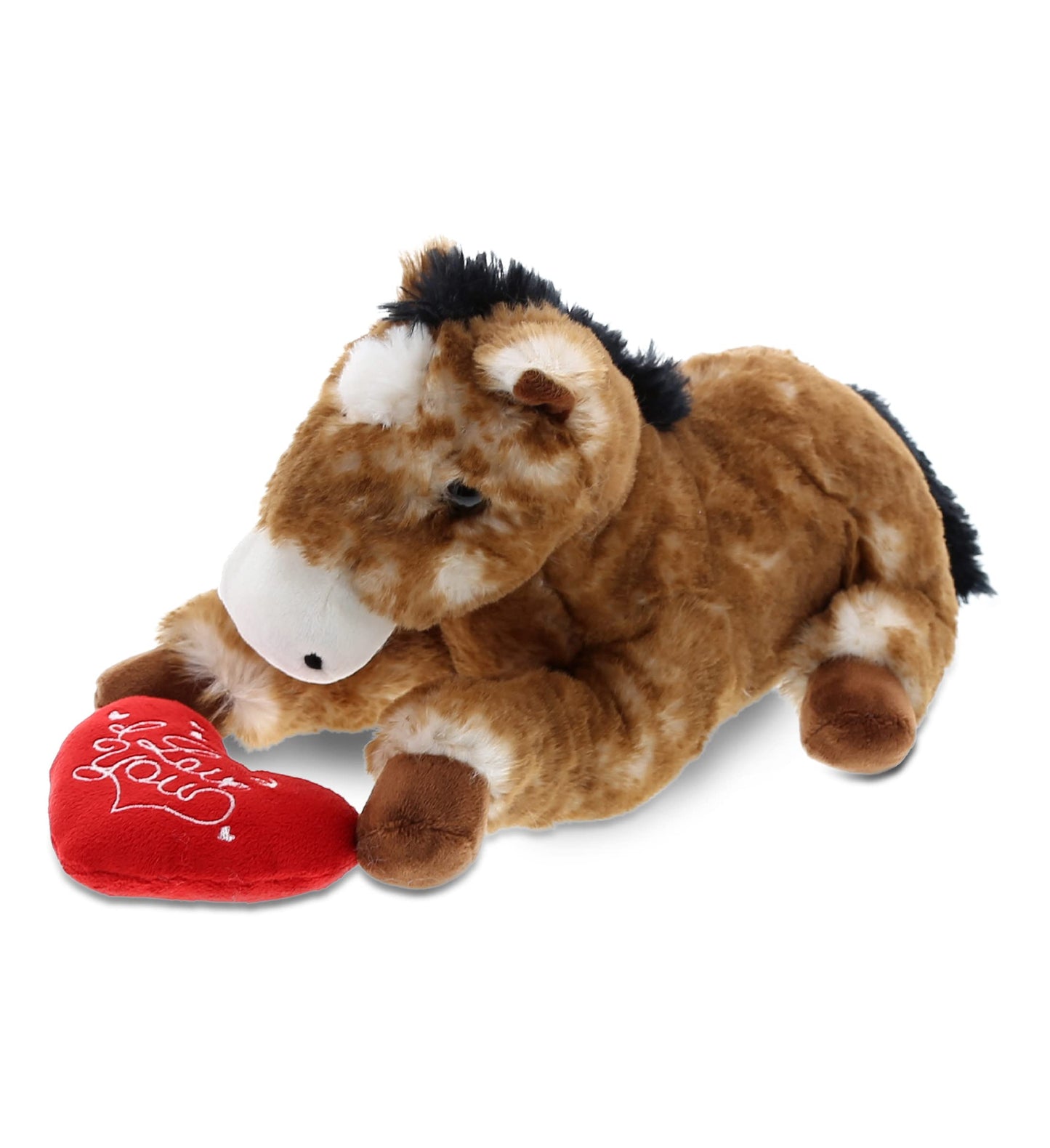 DolliBu I Love You Valentine Plush Lying Brown Horse - Cute Stuffed Animal with Red Heart and Name Personalization Gift for Valentines Day  Birthday  Anniversary  Romantic Date - 10.5 Inches