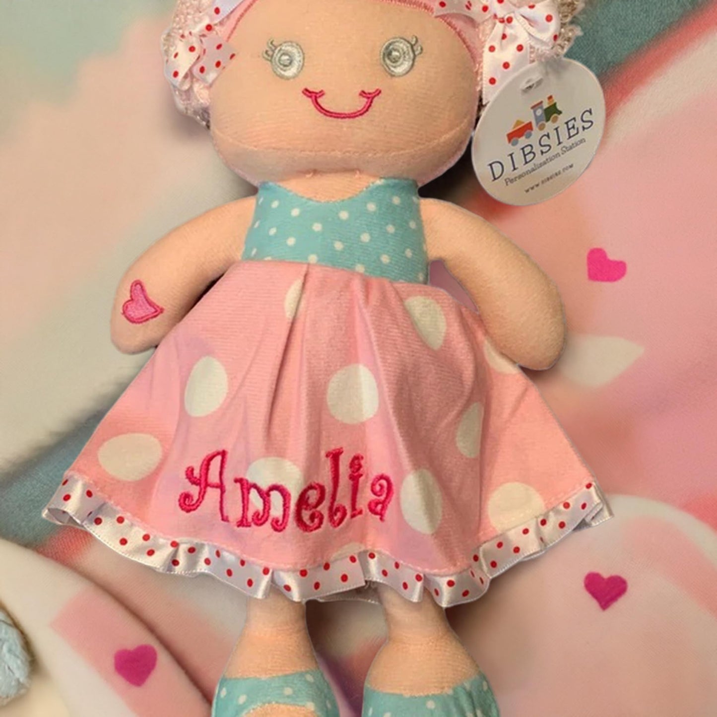 DIBSIES Personalized Hearts & Bows Snuggle Doll - 11 Inch