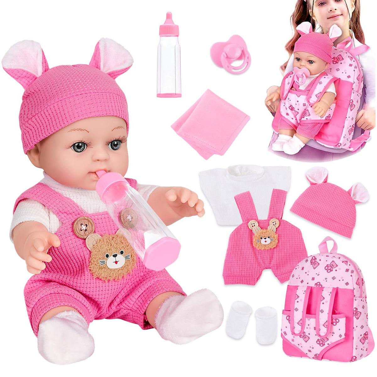 12 Baby Doll With Bear Pattern Backpack Carrier In Gift Box,12 Inch Realistic Baby Dolls With Clothes And Accessories Hanky Pac
