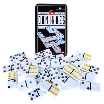 Offelec Double Six Dominoes, 28 Tile Colored Dots Domino Game Set With Tin Box, Classic Family Board Games For Kids, Adults And