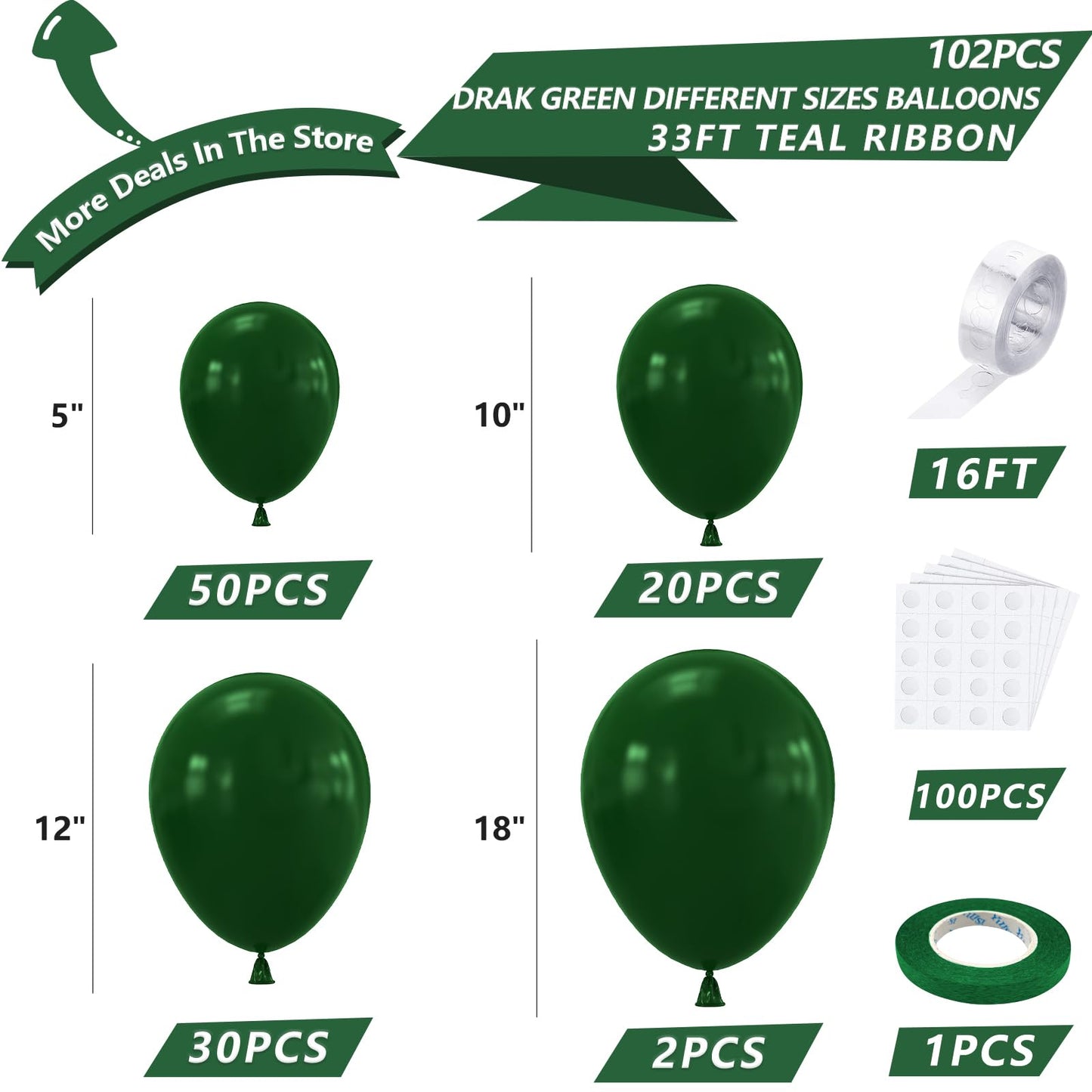Nisocy Dark Green Latex Balloon Arch Kit, 102Pcs 18In 12In 10In 5In Arch Garland For Festival Picnic Anniversary Birthday Green