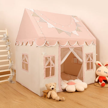 Kids Play Tent With Non-Slip Mat, Star Lights, Decorating Flag, Large Playhouse With 4 Windows, Machine Washable, Indoor And Out