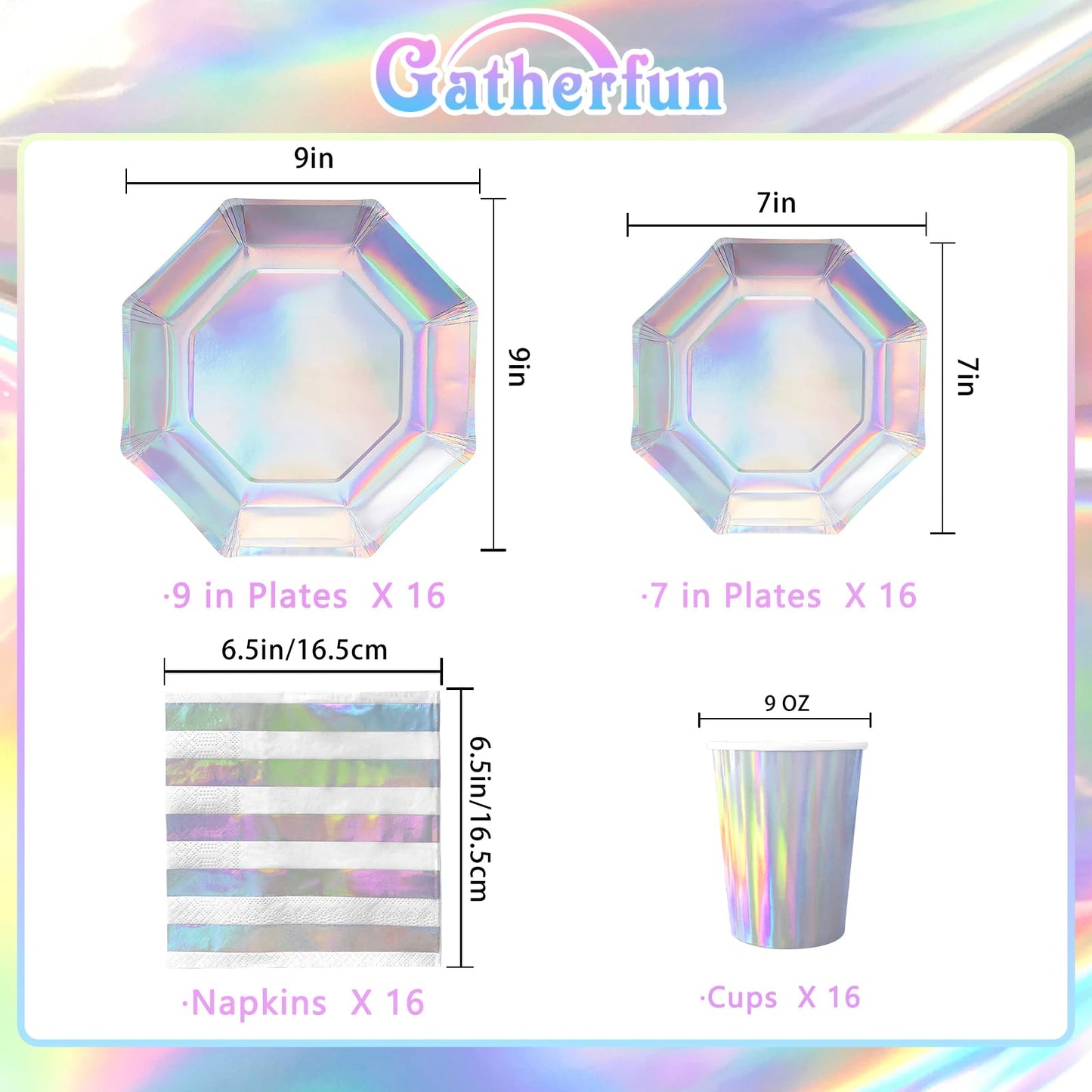 Gatherfun Iridescent Party Supplies - Disposable Paper Plates, Cups and Napkins, Ideal for Birthday, Mermaid Themed Events & Bir