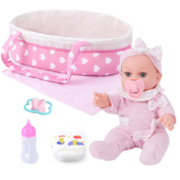 12 Inch Baby Doll Playset With Dolls Clothes And Accessories First Baby Dolls For Toddlers 3 Years And Up Includes Bassinet Bed, Blanket, Bottles, Nipple, Diaper, Toys