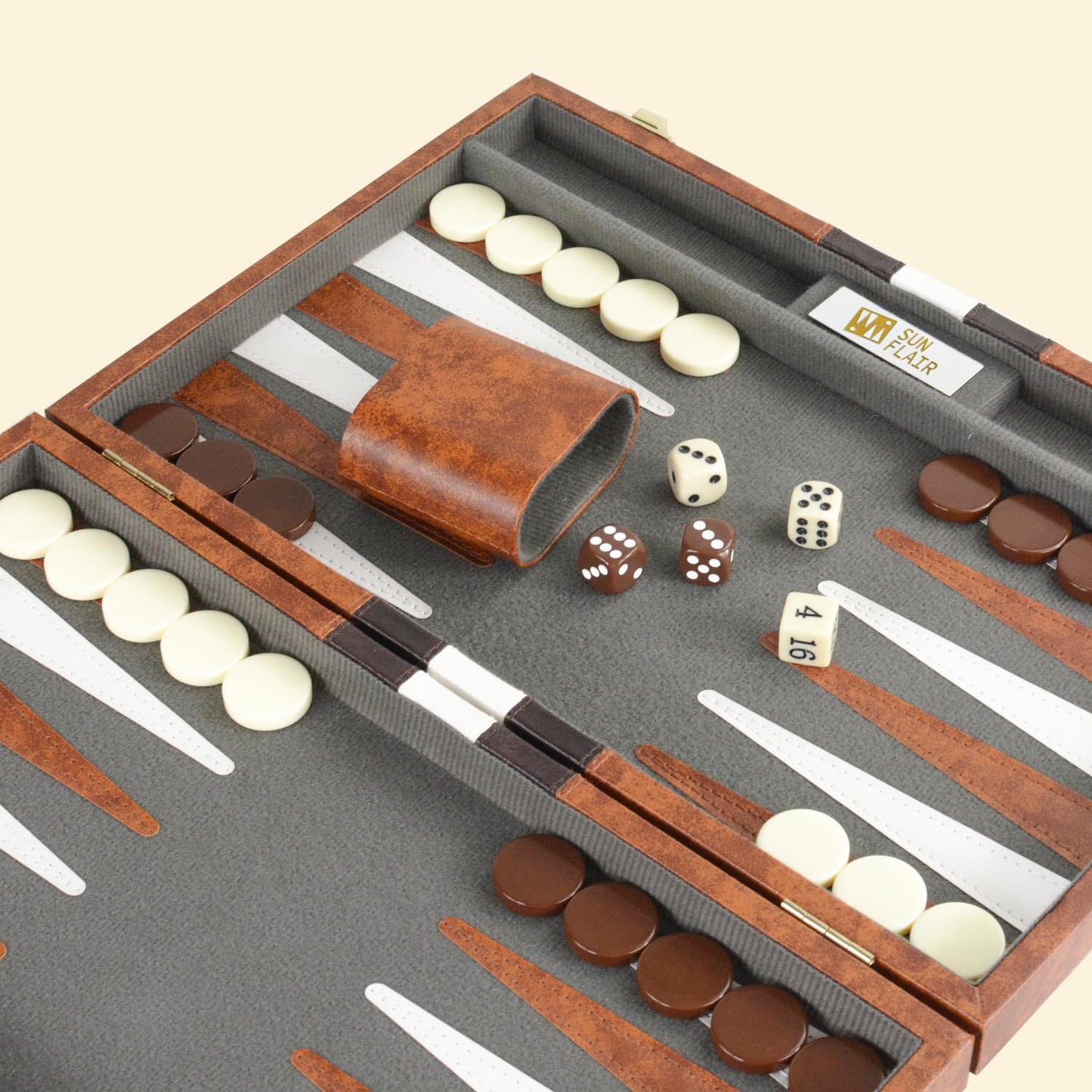 Sun Flair Backgammon Set - 11 Inch Backgammon Sets For Adults, Folding Classic Board Game With Premium Leather Case, Best Strategy And Tip Guide Enclosed (Brown, Small)