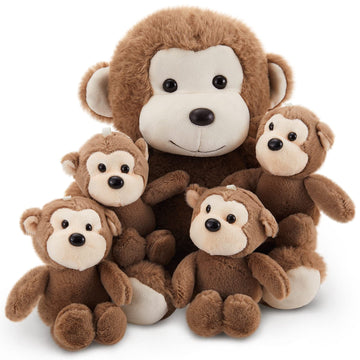 Lewtemi 5 Pcs Monkey Stuffed Animals Large Monkey Plush Toy With 4 Cute Plush Baby Monkeys Soft Stuffed Monkey Plush Toy Cuddly