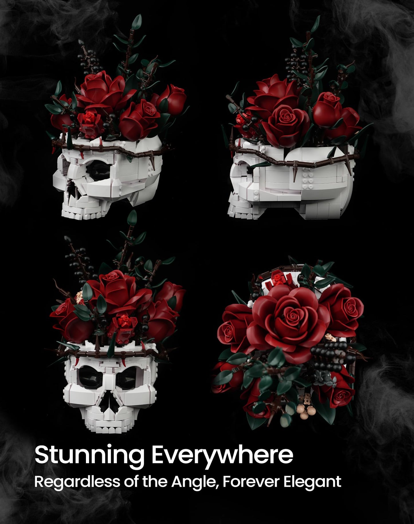 iATOM Skull Roses Flower Bouquet Building Set - Middle Size, Plastic, Gothic Decor, Red/Green/White/Black, Model IA11008