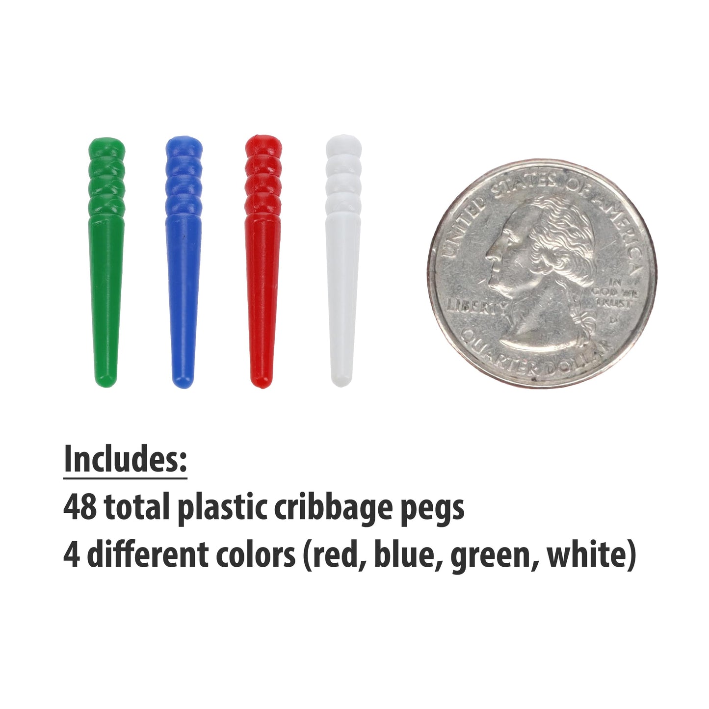 We Games 48 Standard Plastic Cribbage Pegs W/A Tapered Design In 4 Colors - Red, White, Blue & Green
