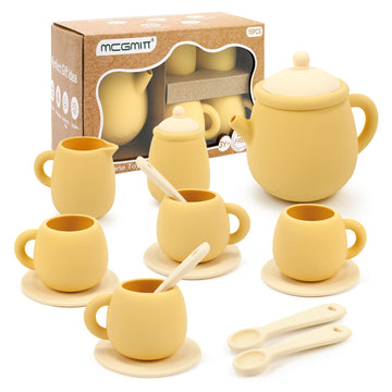 MCGMITT Tea Party Set for Little Girls, 15 Pcs Silicone Tea Set for Kids, Toddler Tea Set with Teapot Tea Cup Coasters Creamer S