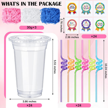 Qinyoung 24 Set Creative Happy Birthday Gifts from Teacher Students Birthday Cups with Lids Colorful Straws Stickers and Raffia
