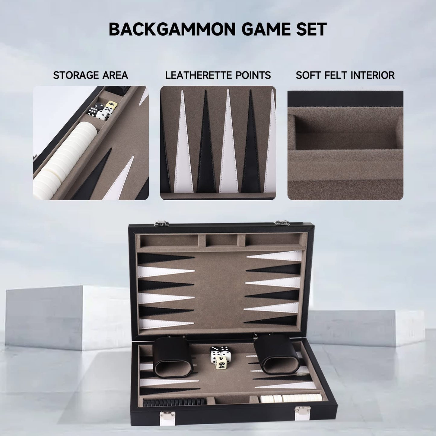 GSE enhanced Leather Backgn Board Game Set  Classic Backgn Game Set with Leather Case  Travel Folding Board Game (Black&Grey  Small)