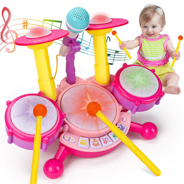 Basytodio Baby Toys 6-12 12-18 Months Musical Drum Set Toy With 2 Sticks Microphone Pink Toy For 1 2 Year Old Girl Music Instrument Learning Toddlers 0-2 1-3 3-5 Easter Gift For One Year Old Girls