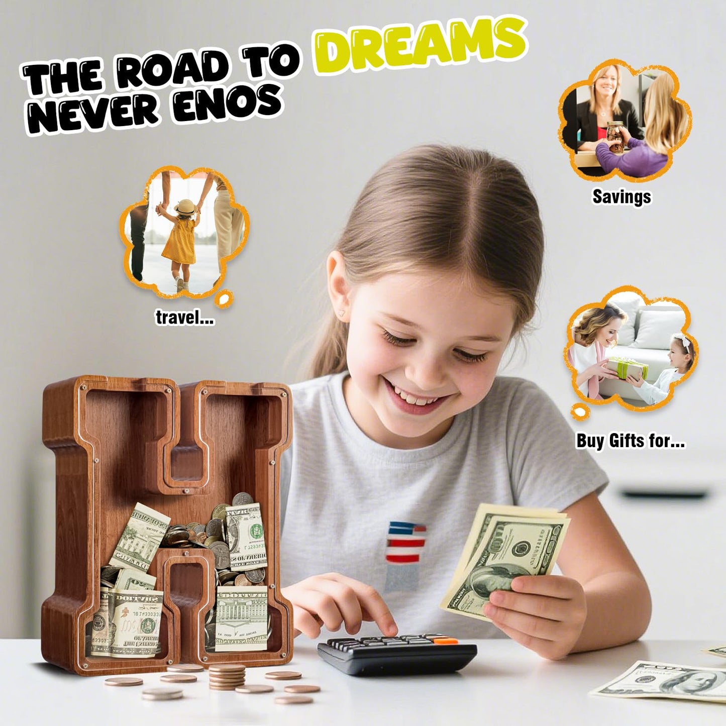 ELX Extra Large 12'' Wooden Piggy Bank for Kids, Personalized Letter Piggy Bank, Safe & Durable Savings Box for Toddlers, Gift f