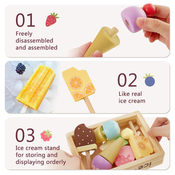 HERSITY Wooden Ice Cream Stand for Kids - Pretend Play Food Set, Ice Cream Popsicle Toy for Toddlers Boys & Girls Ages 3-5, Brown