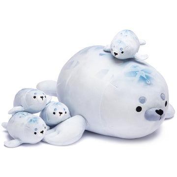 Ikasa Mommy Seal Stuffed Animal Mom And Baby Plush Toy, Cute 16'' Soft Small Mama Family Set Cuddly Toys With Little Mini Babies