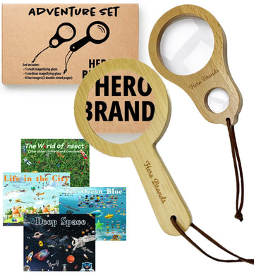 Adventure Set - 2X Wood Magnifying Glass For Kids With 4 Pictures - Wooden Montessori Toy - Learn And Explore