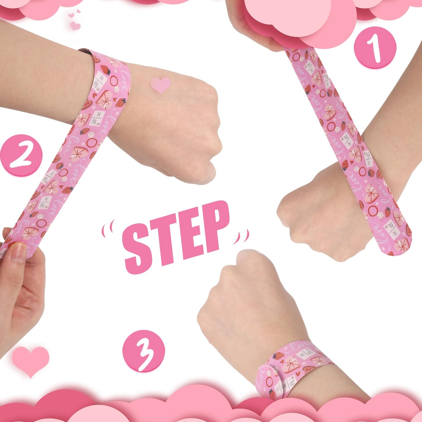 MCPINKY 64PCS Valentines Day Slap Bracelets, Slap Wristbands Assorted Red Valentines Day Snap Bands for Valentine's Day Party Fa