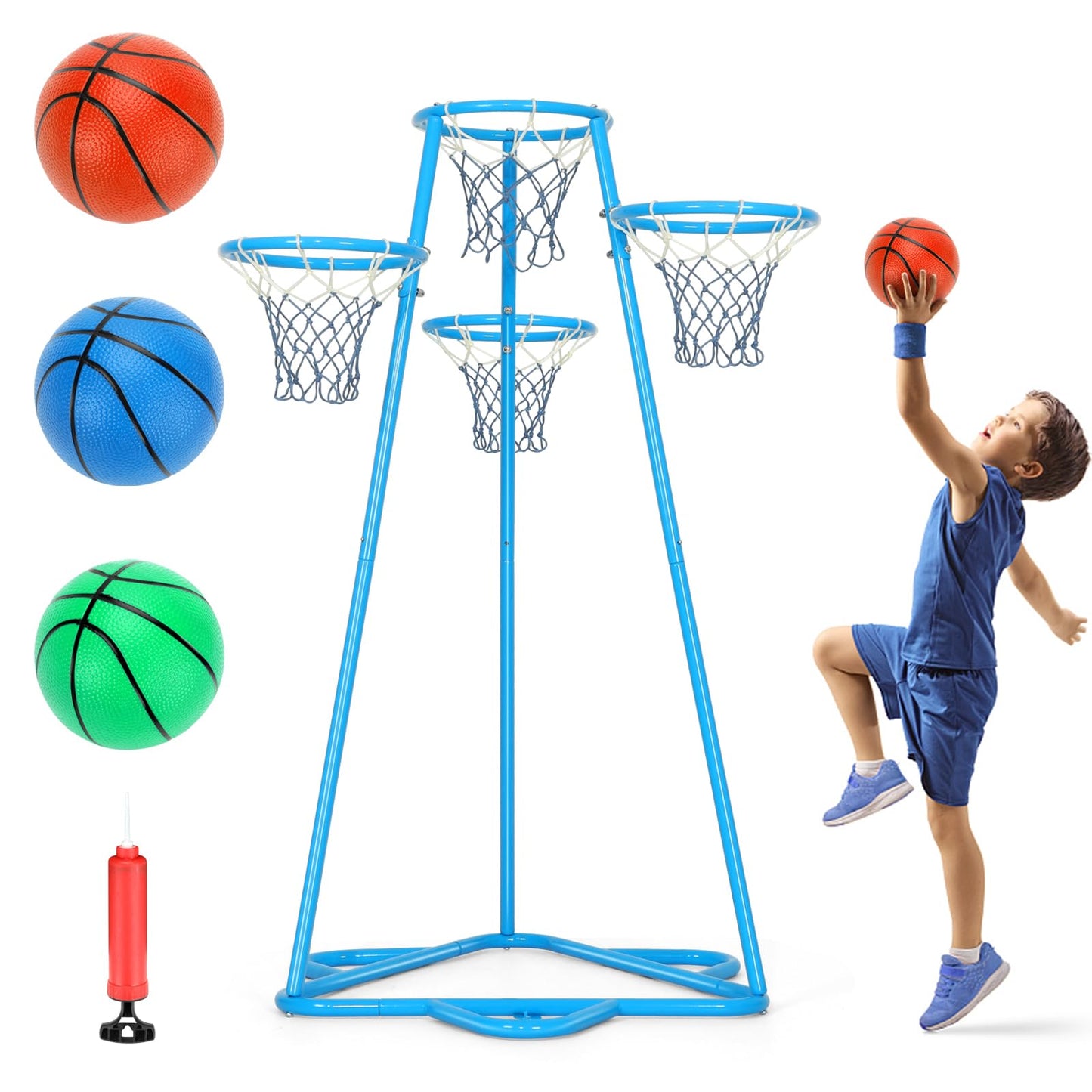 Raylinyee Kids Basketball Hoop Portable Basketball Stand Toys Basketball Indoor Outdoor, Portable Basketball With 4 Hoops At Var