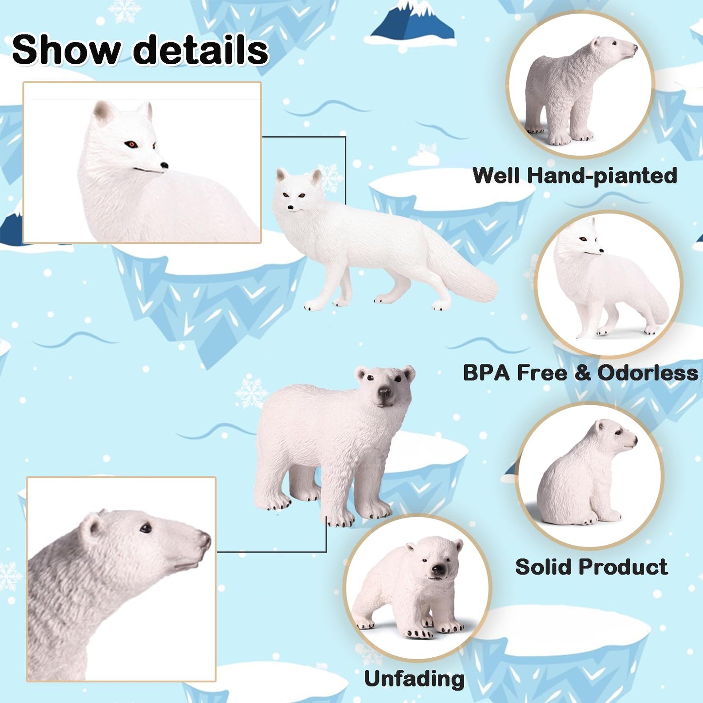 Eoivsh 4Pcs Polar Animal Toys, Realistic Arctic Animals Figurines Set With Polar Bears & Arctic Fox, Plastic Winter Animal Figures For Cake Topper Birthday Gift Party Favor