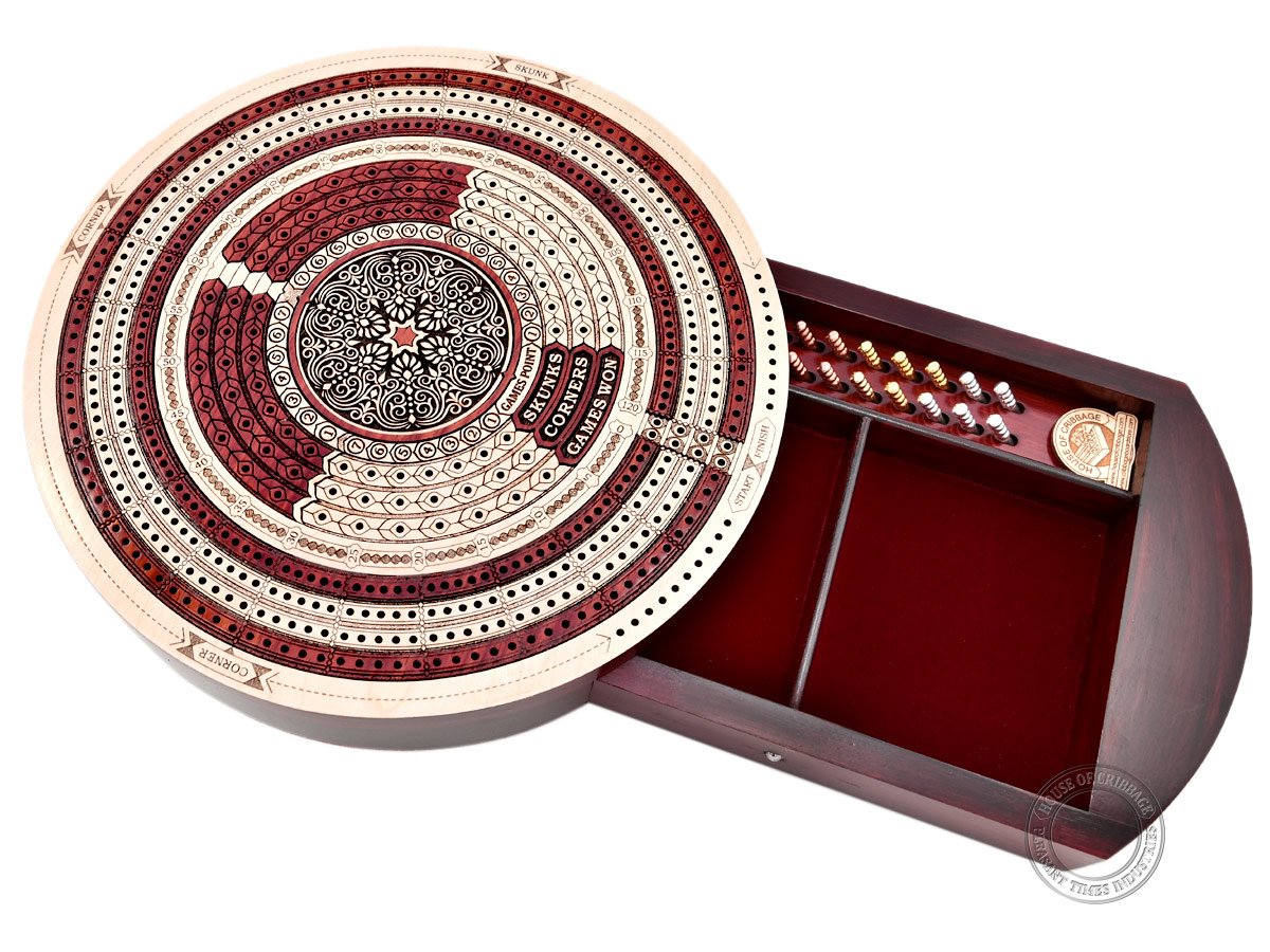 House of Cribbage 10" Round Cribbage Board - Maple/Bloodwood, 4 Tracks, Push Drawer, Maroon