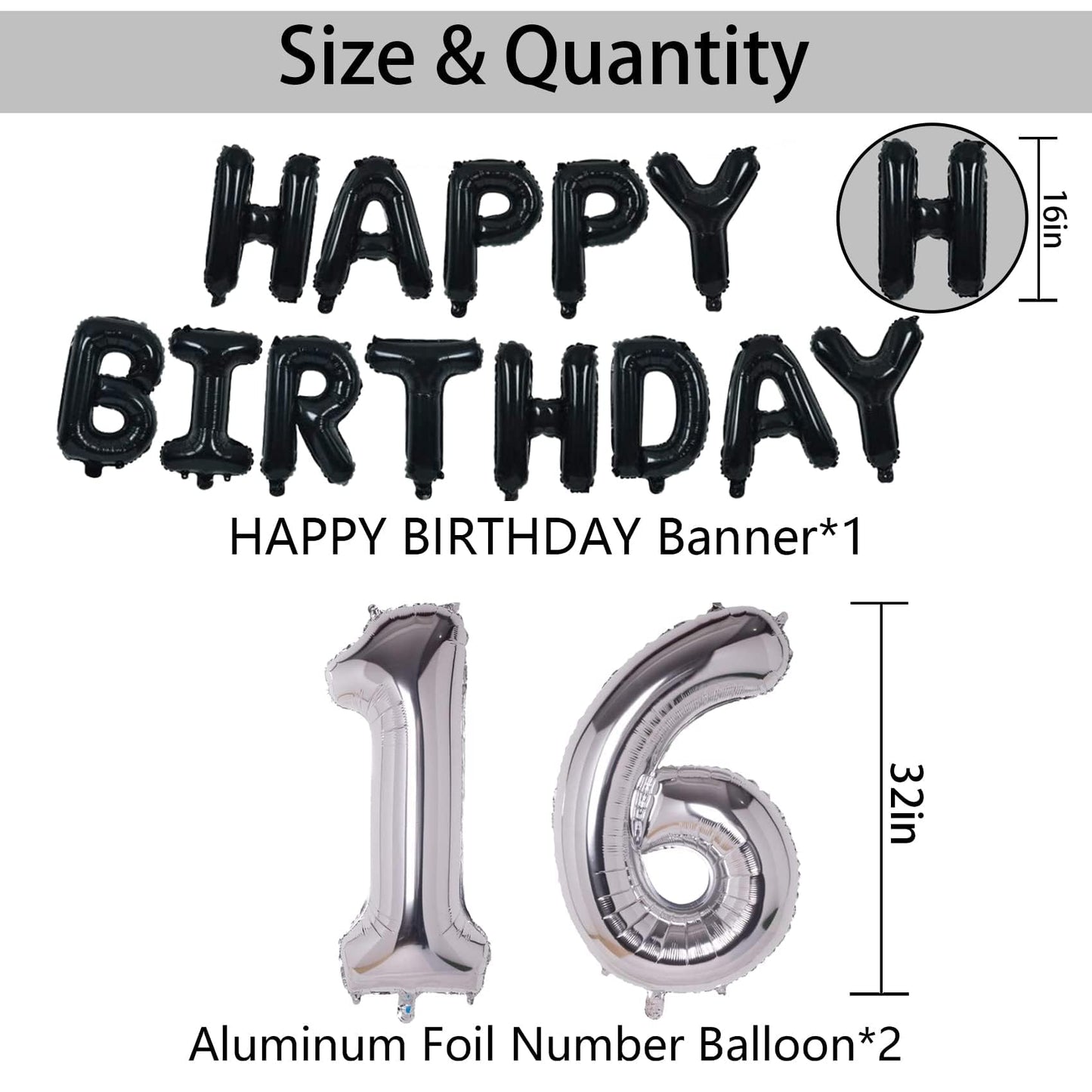 Naninuneno 16Th Black Silver Birthday Party Decorations For Boys Girls, Happy 16 Birthday Party Supplies With Black Happy Birthd