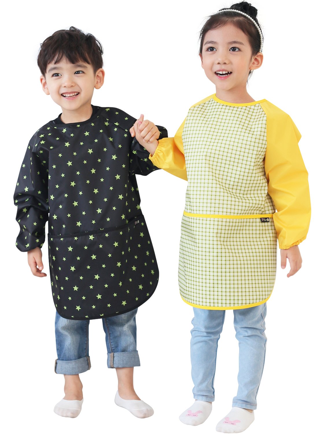 Plie Waterproof Kids Art Smocks 37 Colors (Age 1-10, S-XXL size), Green Check (17-S)