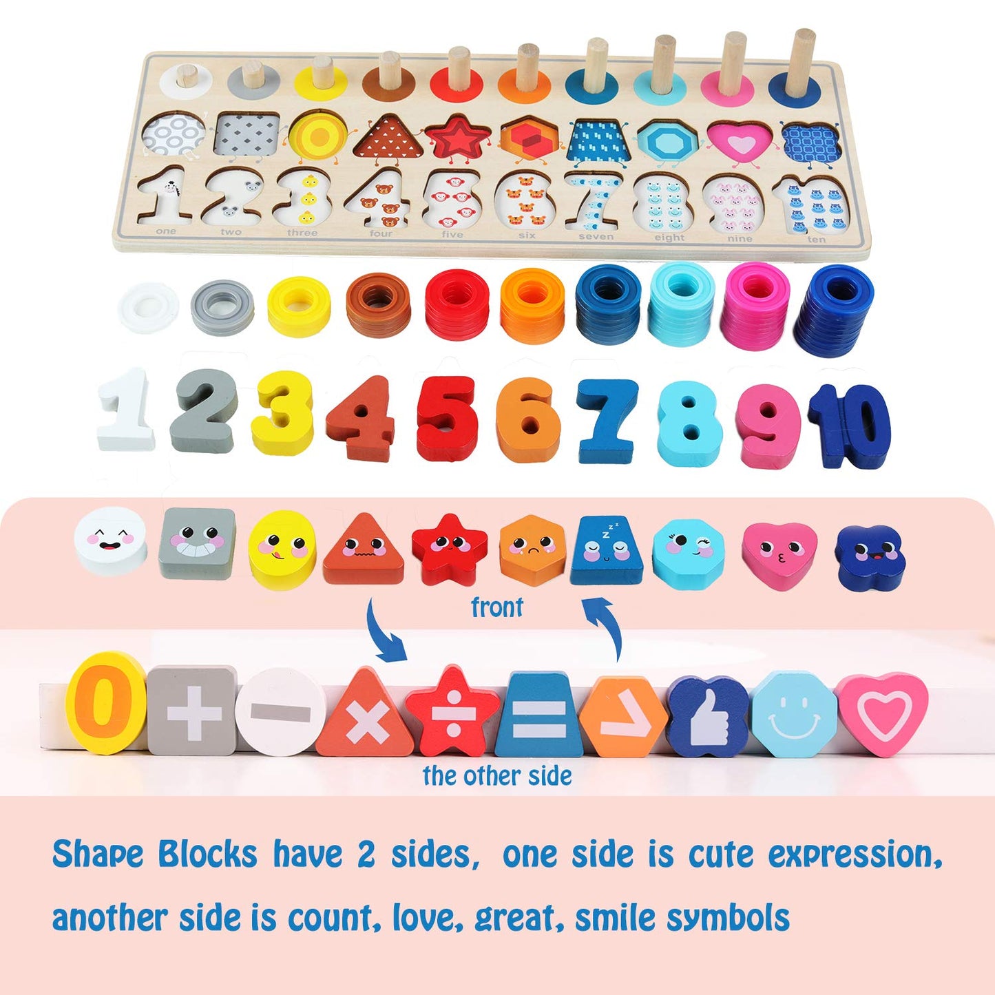 Qzmtoy Wooden Montessori Toys For Kids, Toddler Number Puzzles Sorter Counting Shape Stacker Stacking Game Preschool Toys For Boy Girl Learning Education Math Blocks Chunky Puzzles Gift For Toddlers