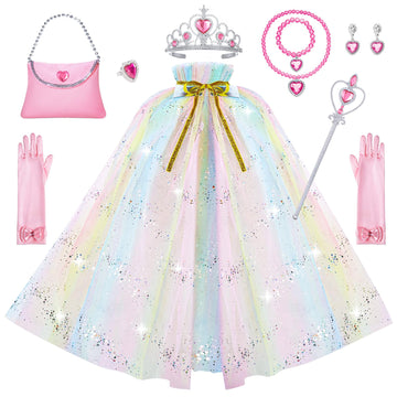 Minetom Princess Dresses For Girls, Princess Cape Set Dress Up Clothes With Tiara Crown, Wand, Easter Birthday Gift For Little G