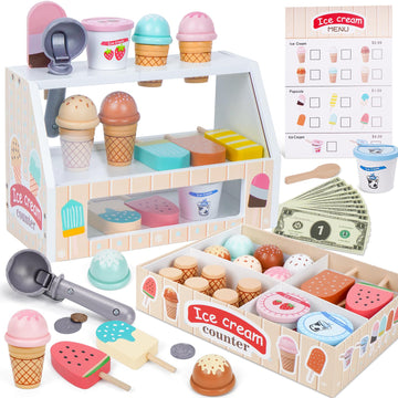 Wooden Ice Cream Counter Playset for Kids, Toddler Girl Toys Kitchen Playset Pretend Play Gifts for 3 4 5 6 Year Old Girl or Boy