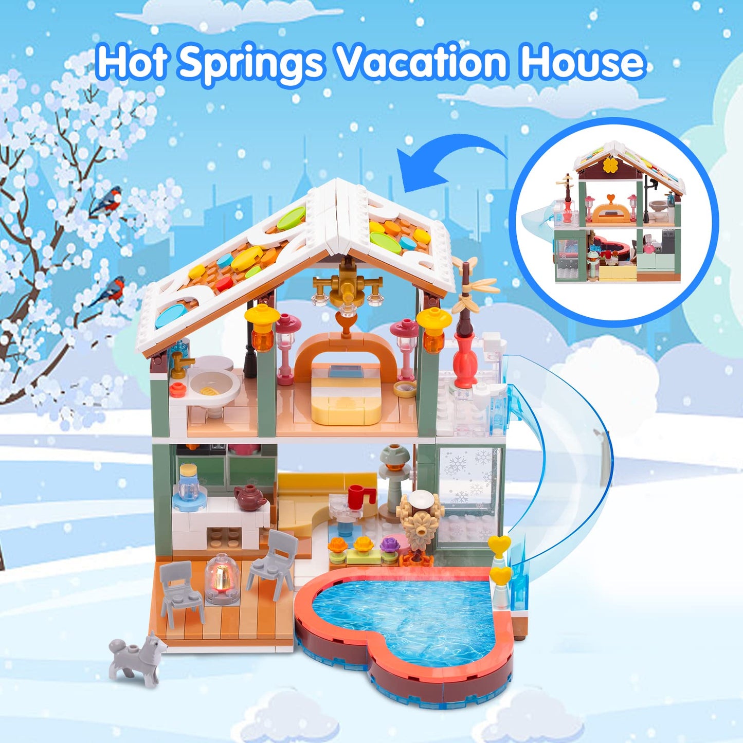 Sitodier Building Blocks Set Toy, 439Pcs Hot Spring Vacation House Building Bricks Kit For Kids, Girls Boys Building Blocks Construction Educational Toys Nice Present For Kids Age 6 7 8 9 10 11 12