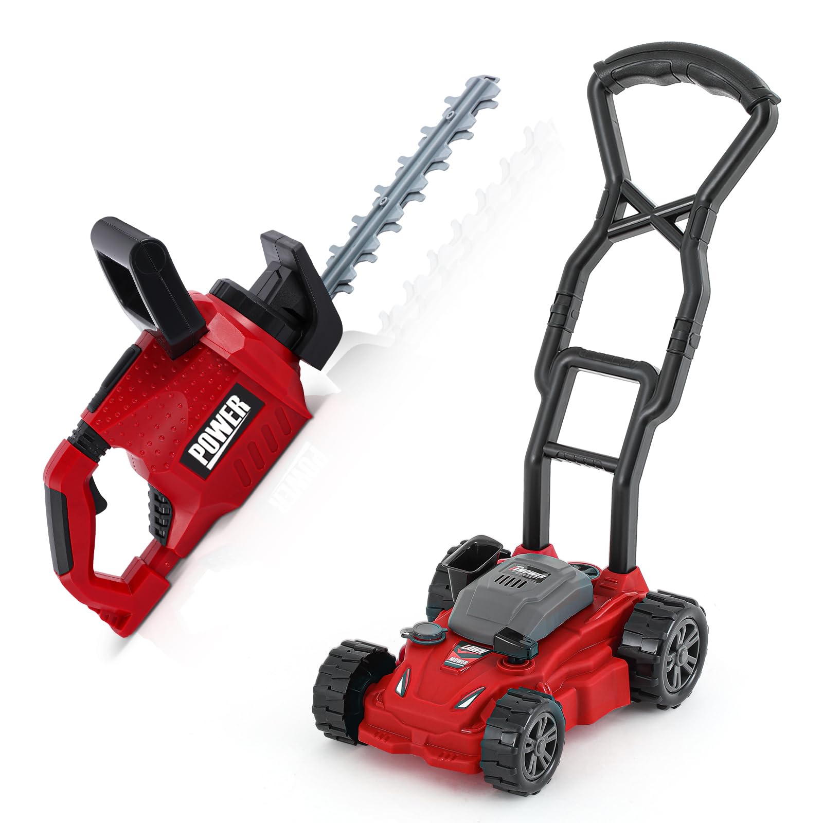 Arrowbash 2 Pcs Toy Gardening Tool Set for Kids Toy Hedge Trimmer  Push Lawn Mower Battery Powered Gardening Tool Set with Lights and Sounds Gift for Boys Girls