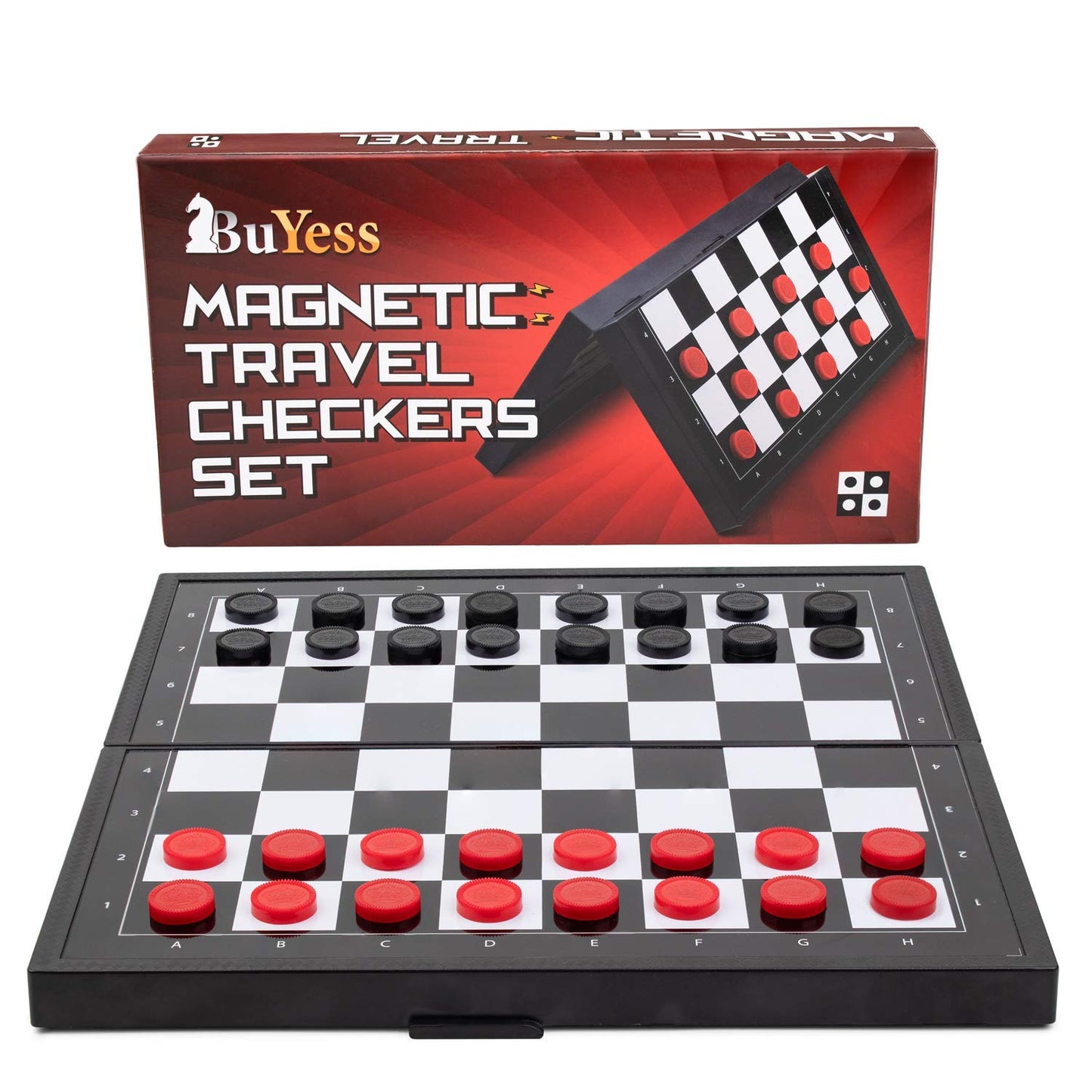 BUYESS Magnetic Checkers Board Game - Portable Mini Set, 9.8x9.8 inches, Black, Model BY-244, Includes Magnetic Checker Pieces