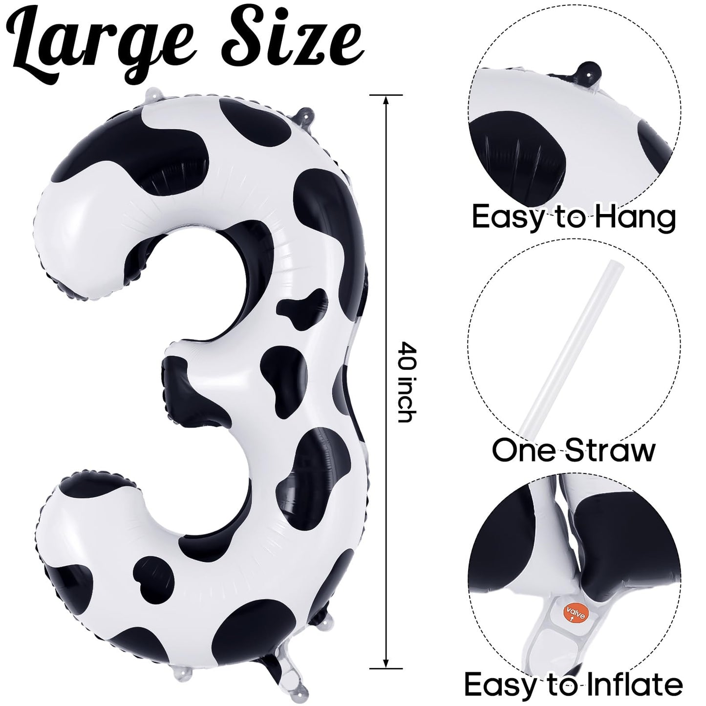 Cow Print Number 3 Balloon, Large 40 Inch Cow Number Birthday Balloons, Foil Mylar Number 3 Balloons For 3 Year Old Birthday Par