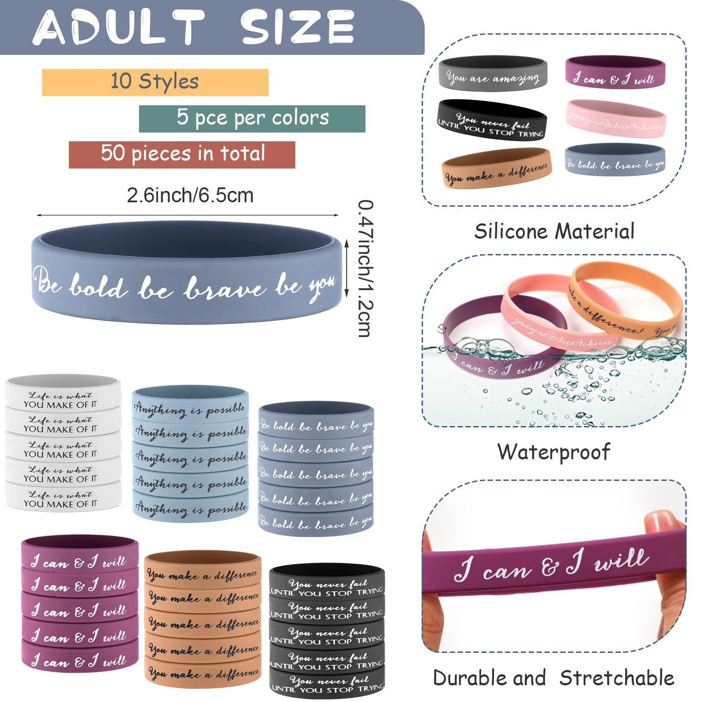 Sieral 50 Pcs Employee Appreciation Month Thank You Gift Bulk Motivational Rubber Bracelet Inspirational Stretch Quote Silicone
