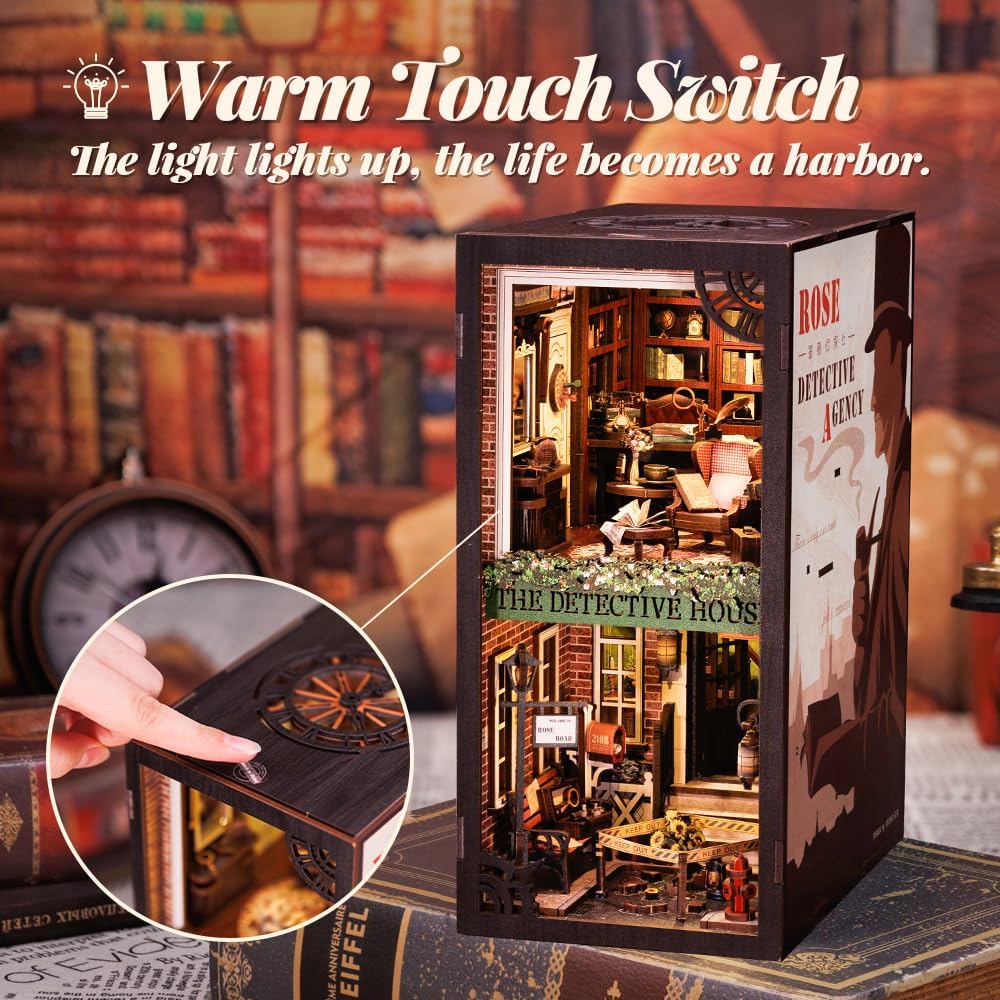 Fsolis Book Nook Kit, Diy Miniature Room House Kit For Adult Activities Decorative Bookend Bookshelf Bookcase Decor Birthday Holiday Gifts For Women Teens (Rose Detective Agency)