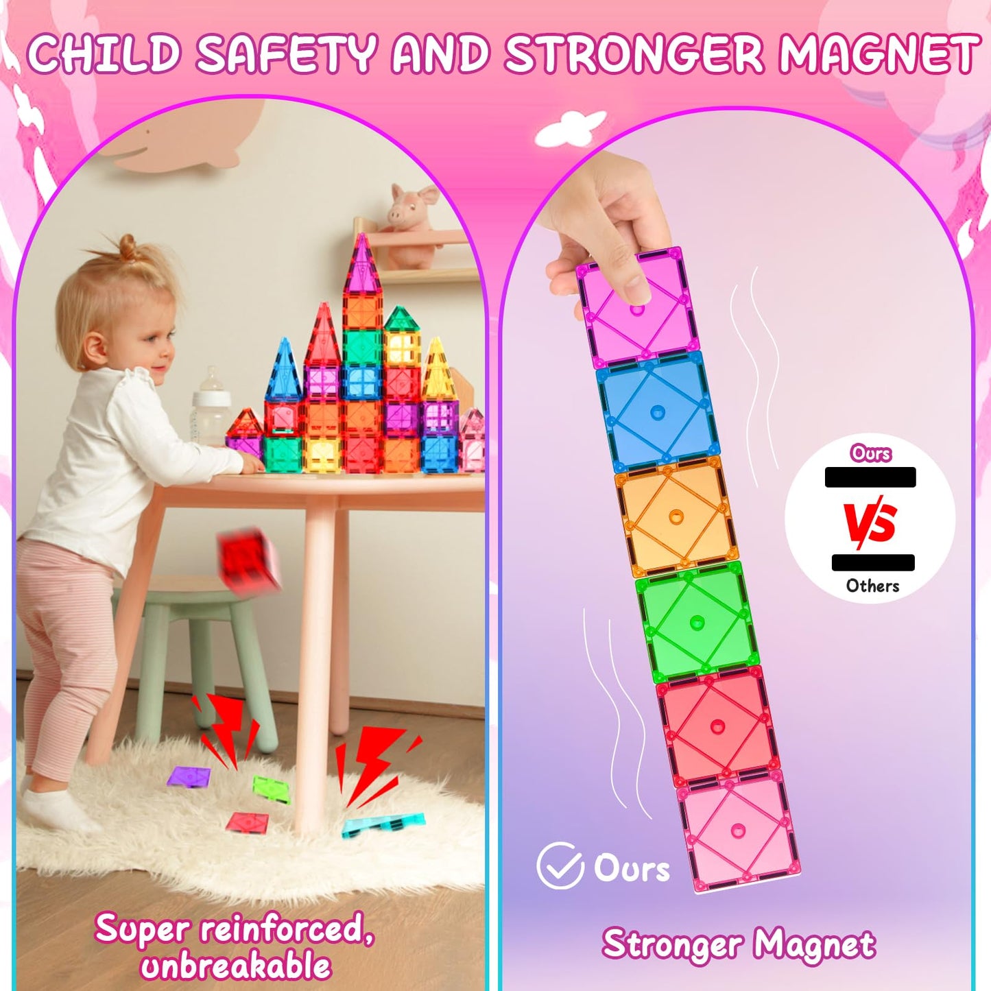Lotmey 132PCS Magnetic Tiles with 2 Cars Deluxe Set, 3D Magnetic Building Blocks, Preschool Magnetic STEM Toys Sensory Education