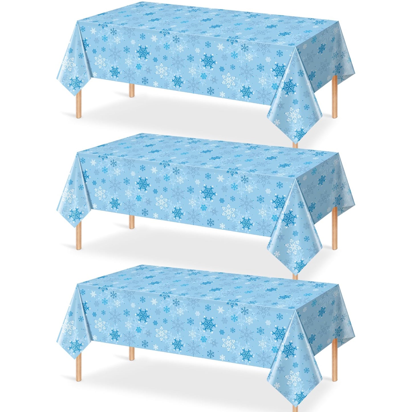 3 Pieces Snowflake Christmas Tablecloth, Plastic Ice Blue and White Winter Wonderland Table Cover for Holidays, 54x108 inch