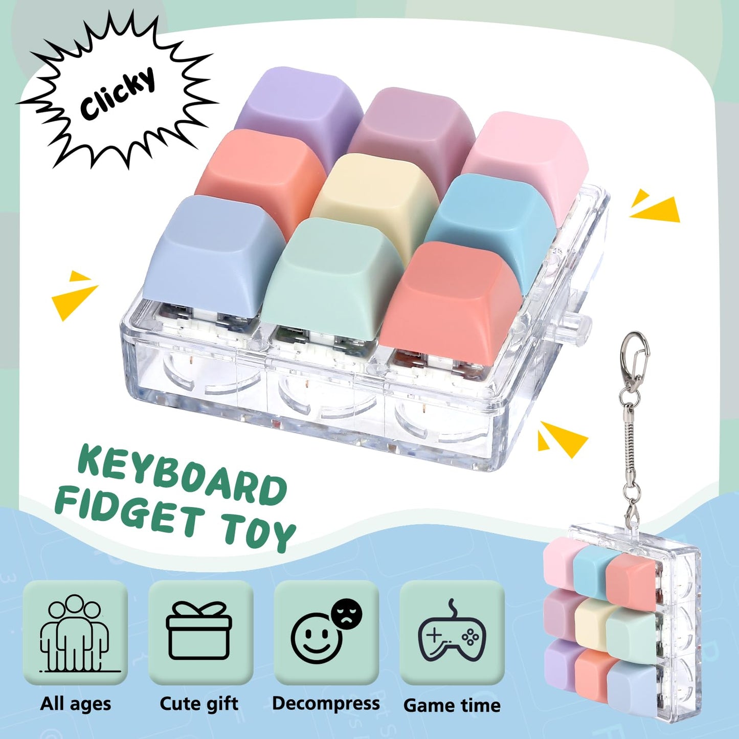 Axlksia Keyboard Fidget Toy, Fidget Clicker Keyboard Fidget Keychain, Button Fidget Gifts For Adults To Relieve Stress And Pass