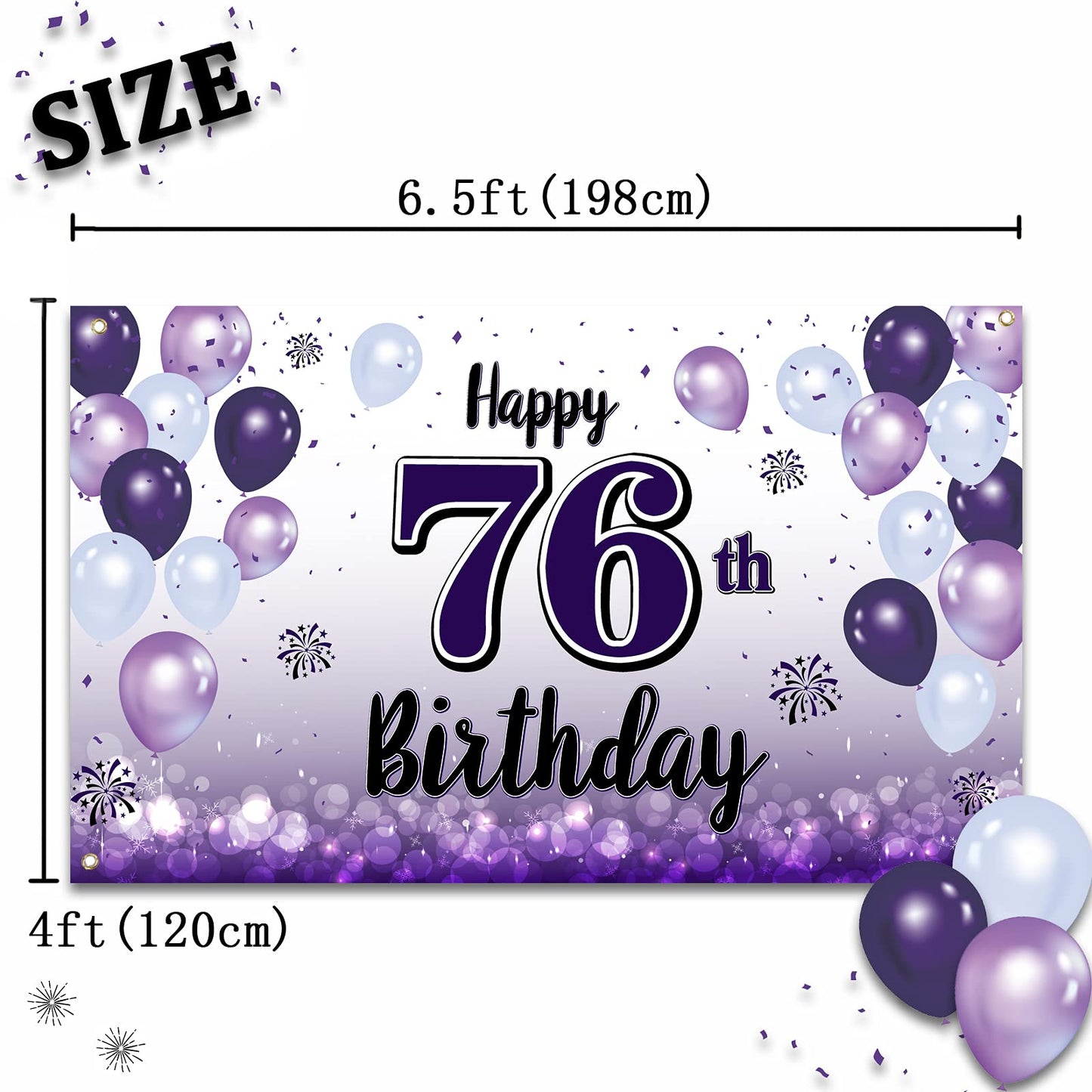 LASKYER Happy 76th Birthday Decorations,76th Purple Balloon Large Birthday Banner Backdrop Sign,76 Years Old Bday Party Supplies