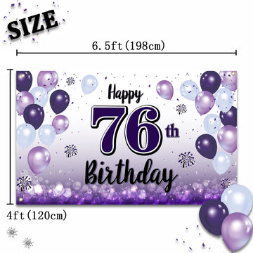 LASKYER Happy 76th Birthday Decorations,76th Purple Balloon Large Birthday Banner Backdrop Sign,76 Years Old Bday Party Supplies