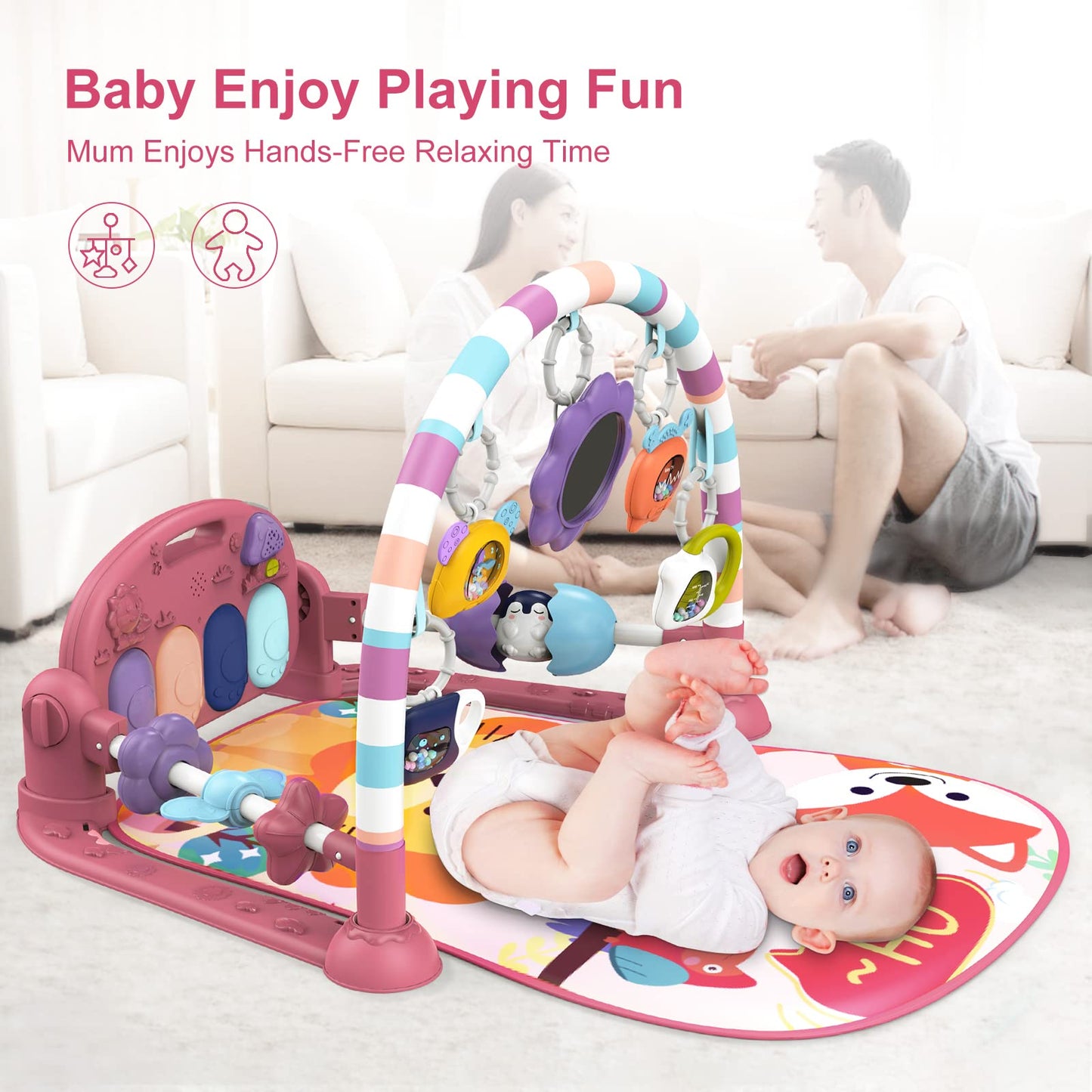 dearlomum Baby Play Mat with Piano & 5 Sensory Toys, Cotton, Pink, Model H-1624, for Newborns 0-12 Months